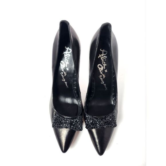 Alice + Olivia Rhinestone Bow Leather Black Pump Heels Size 37.5 - Picture 3 of 8